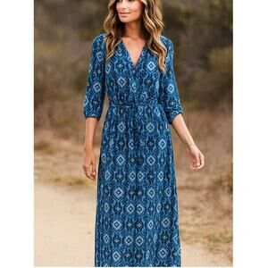 Walker & Wade Geometric Tie Dye Half Sleeve Midi Shirt Dress Blue Women's XS